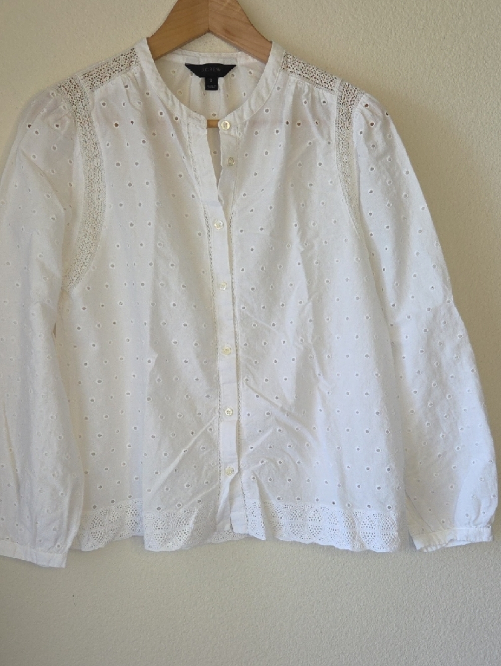 J. Crew White Eyelet Lace Trim Button Front Blouse 100% Cotton Sz 12 - Picture 6 of 13